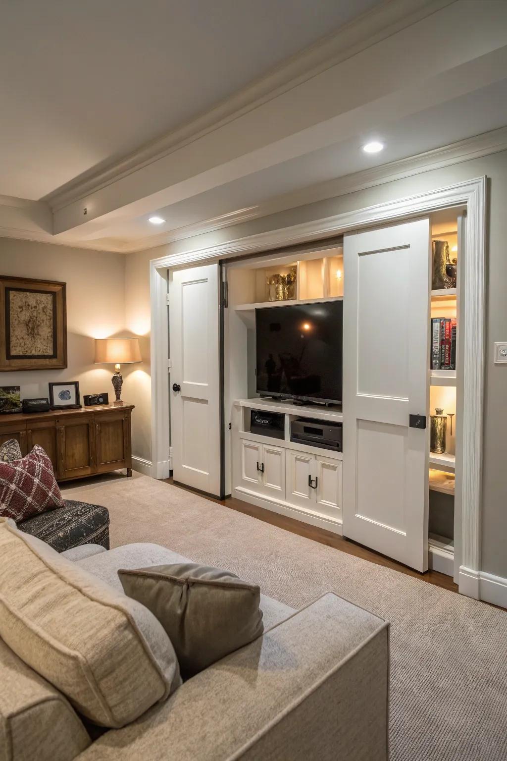 TV cleverly concealed behind matching cabinet doors.