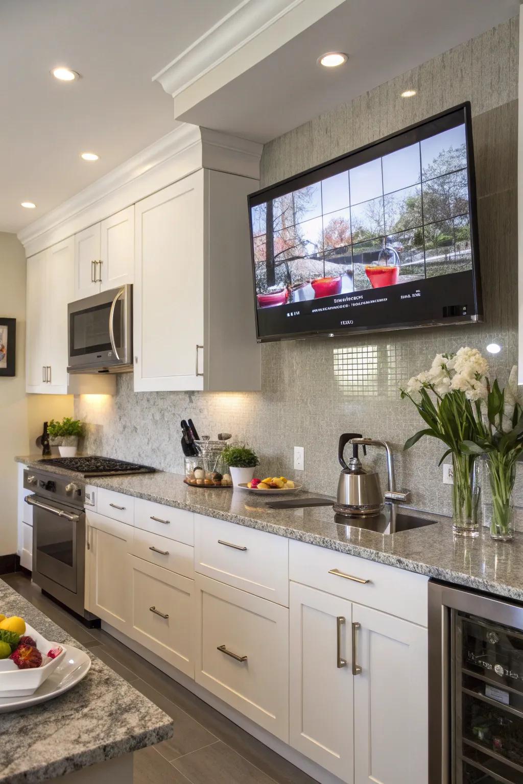 A wall-mounted TV in a kitchen, saving floor space and adding style.