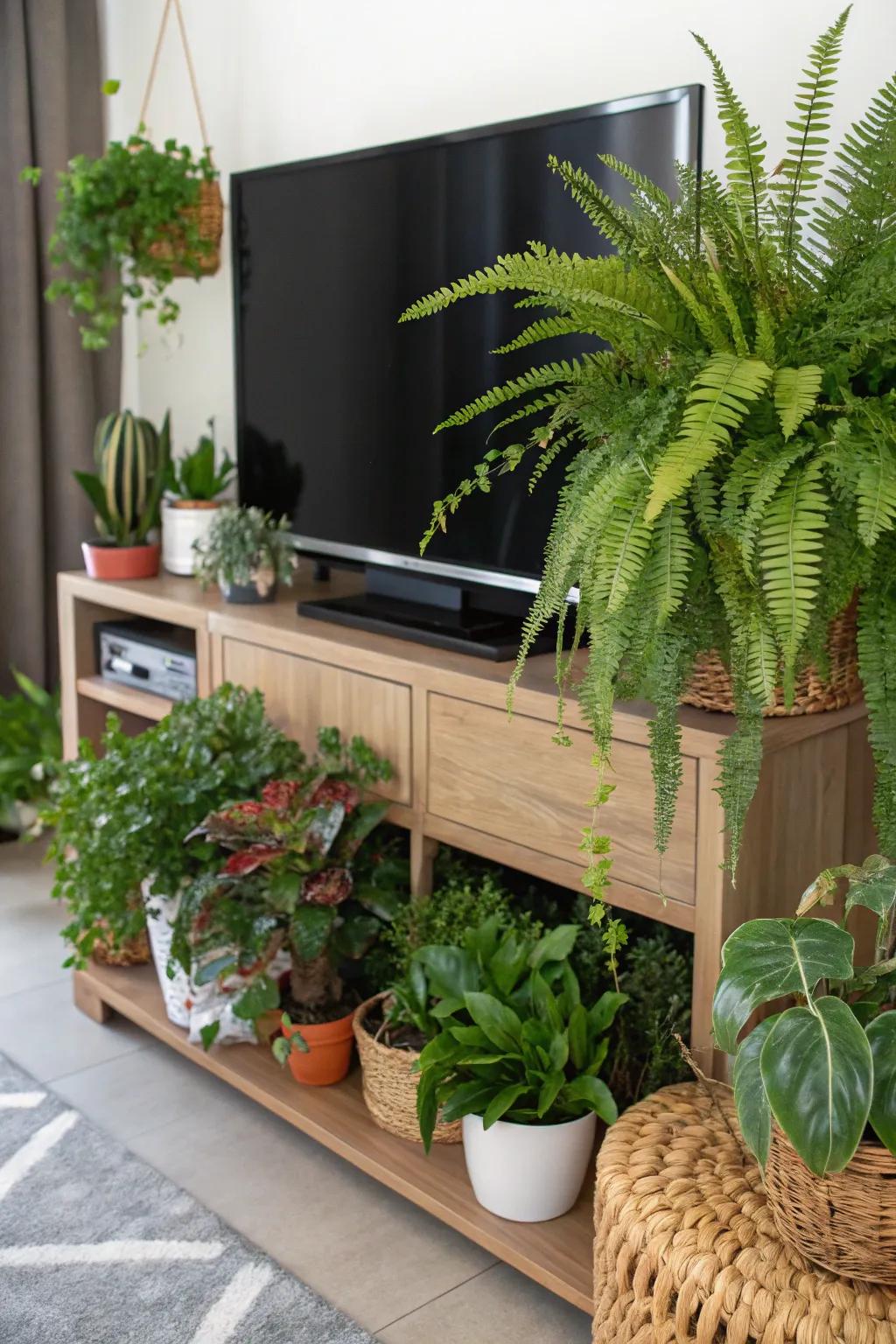 Greenery adds a refreshing and natural touch to the TV stand.