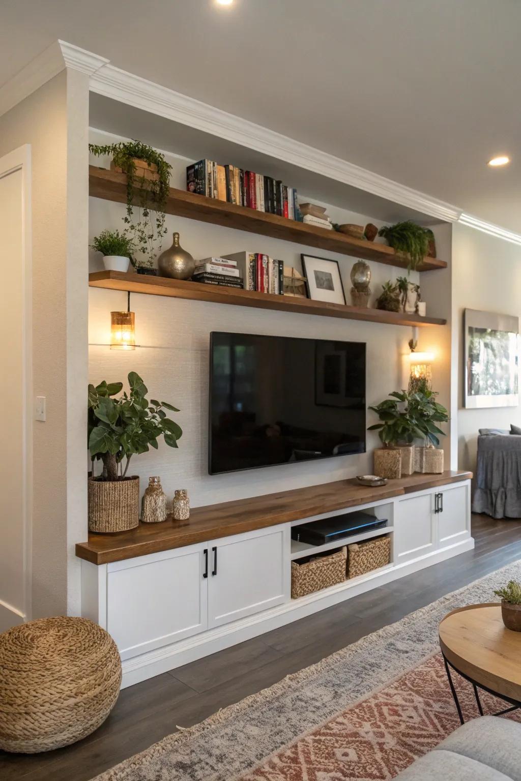 Floating shelves add an airy touch to this TV wall.