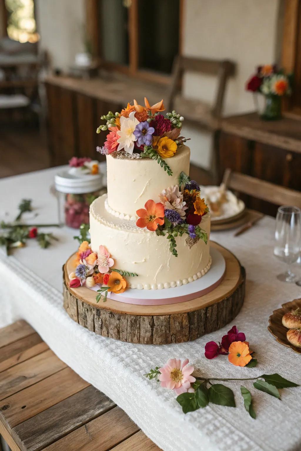 A cake embellished with edible flowers for a whimsical touch.