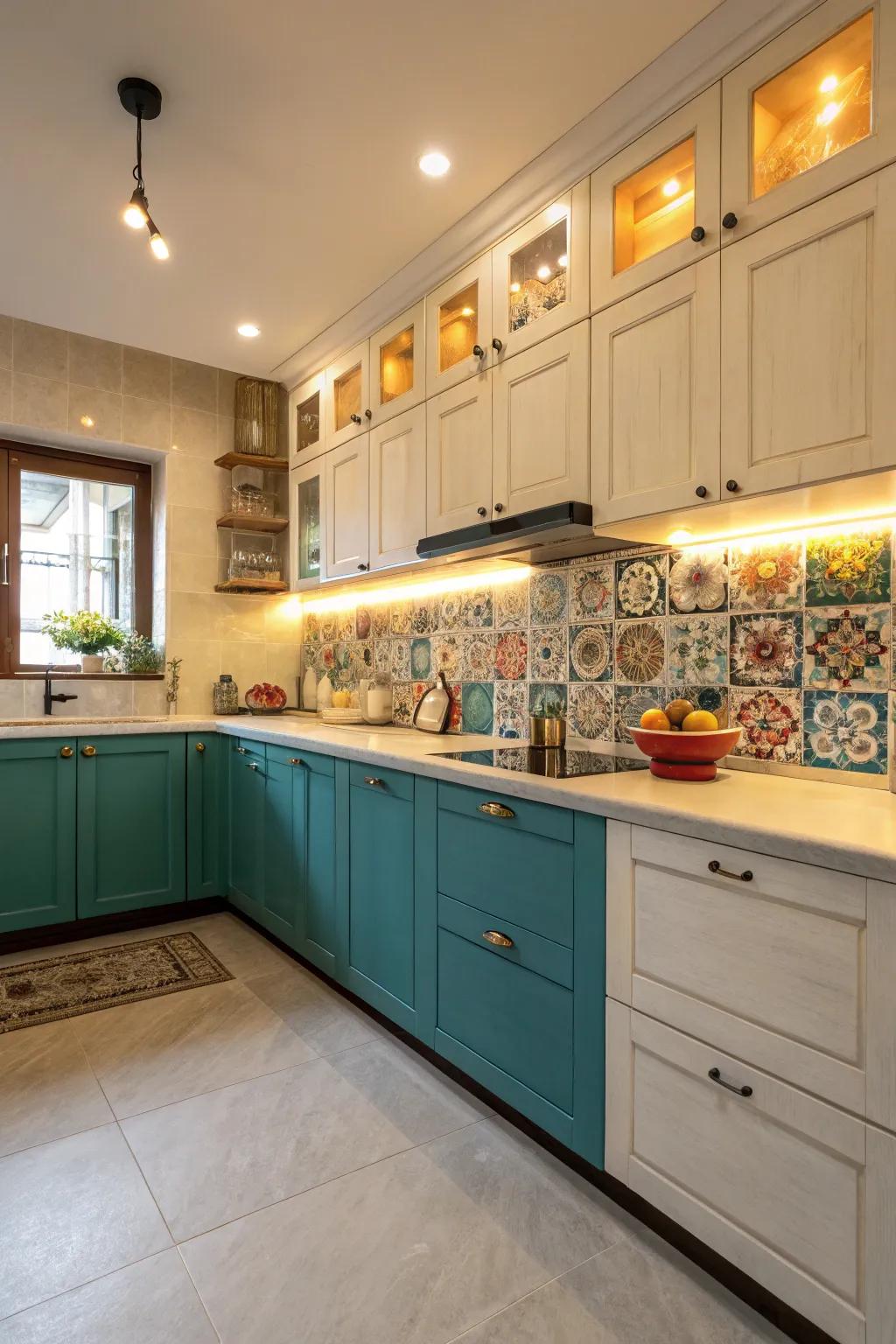 Teal and cream cabinets bring a vibrant touch to this kitchen.