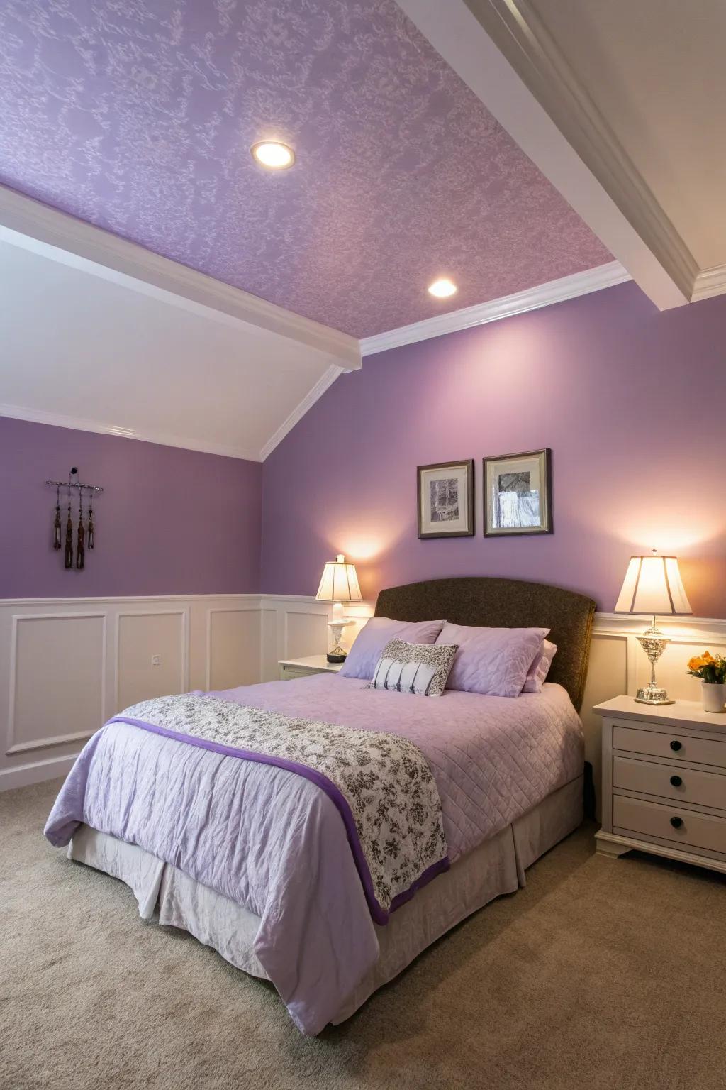 Lavender walls and ceiling for ultimate relaxation.