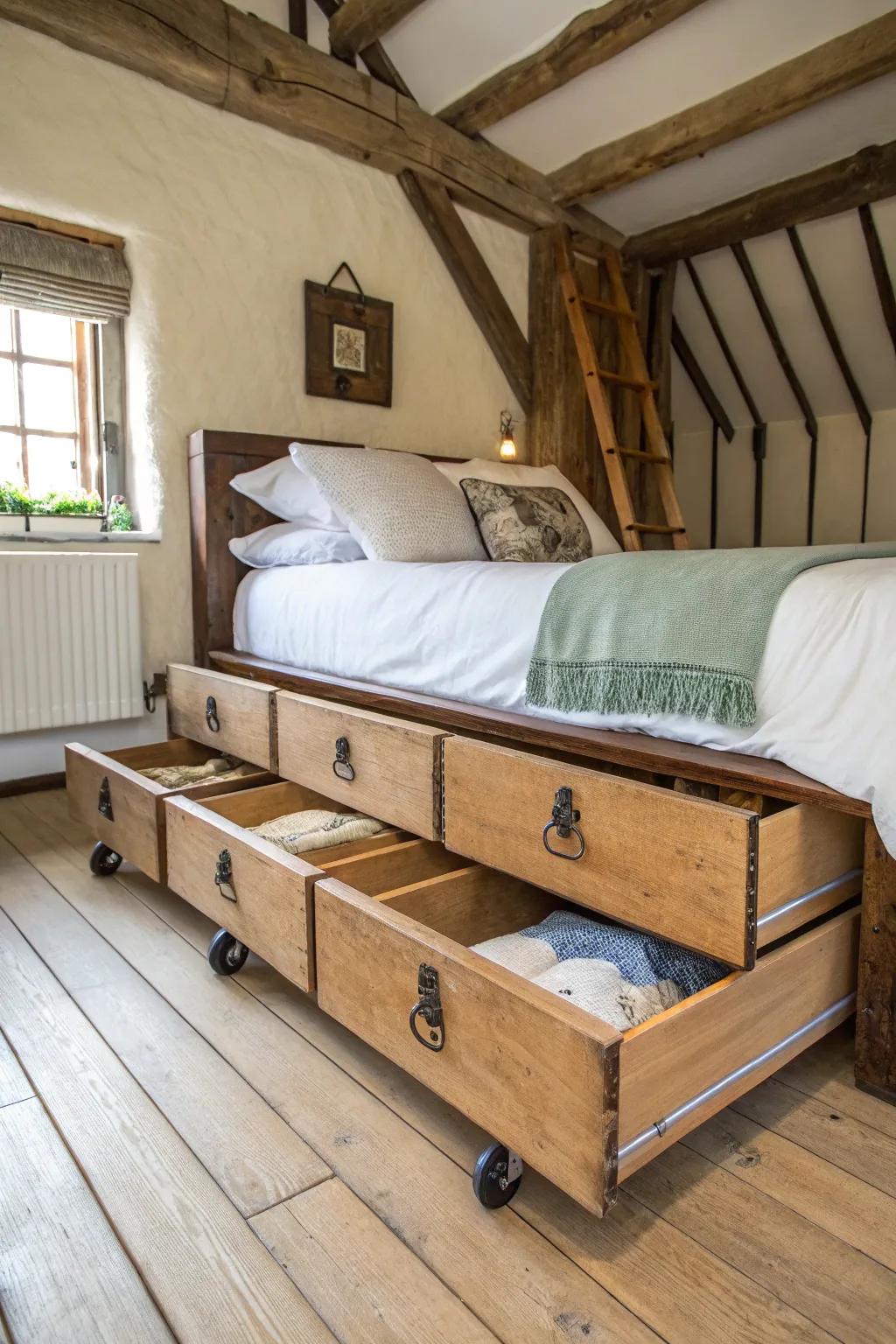 Upcycle vintage drawers into stylish under-bed storage.