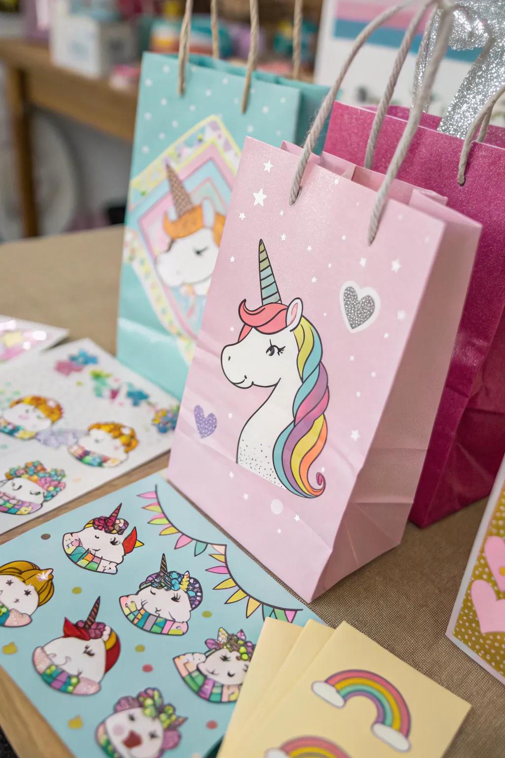 DIY unicorn favor bags with a colorful array of stickers.