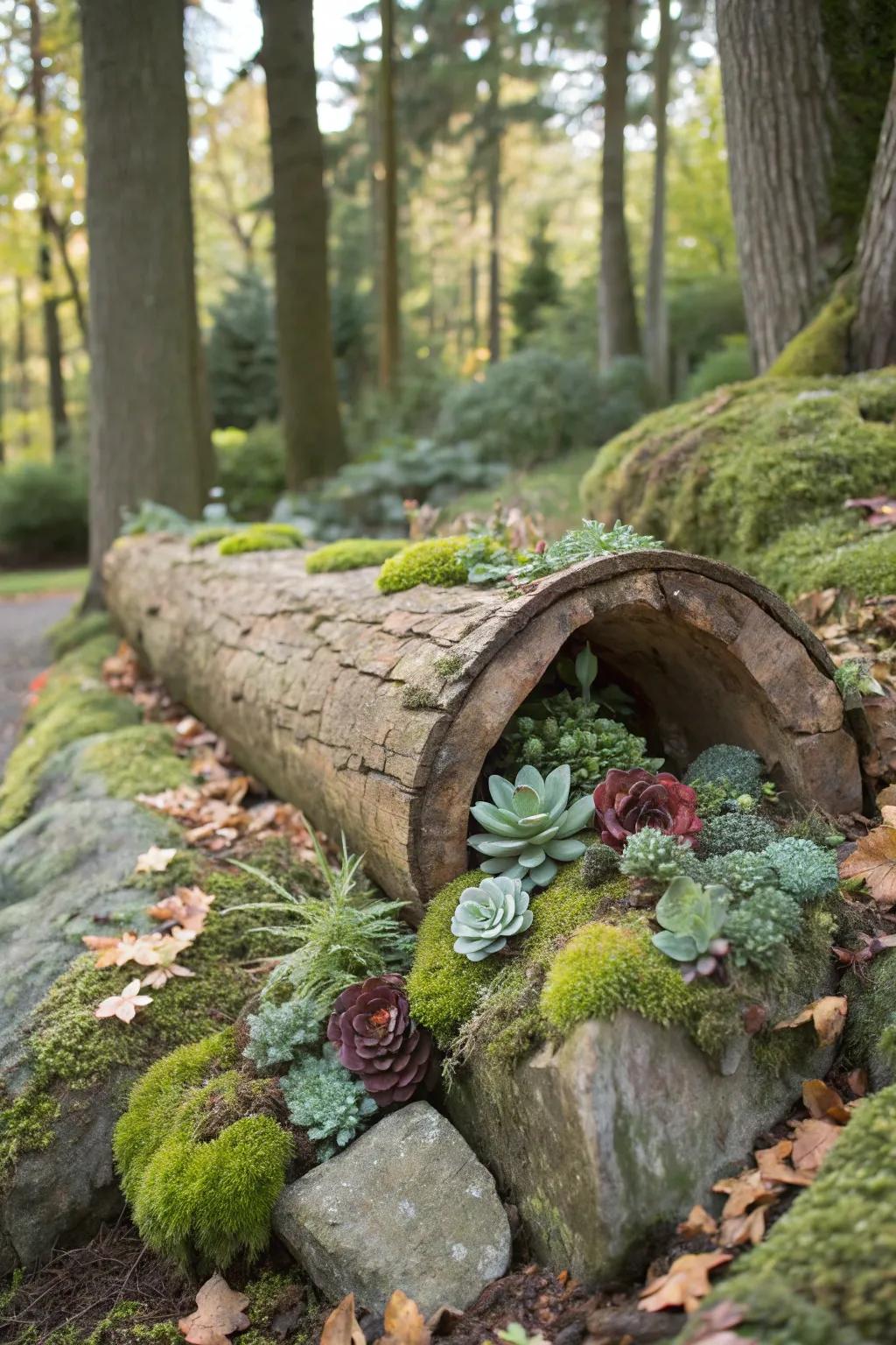 A rustic log repurposed into a natural succulent planter.