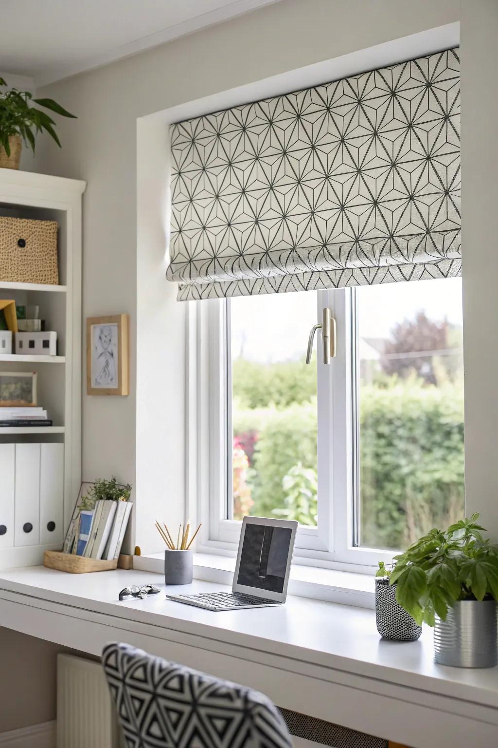 A window with a geometric pattern valance in a contemporary home office.