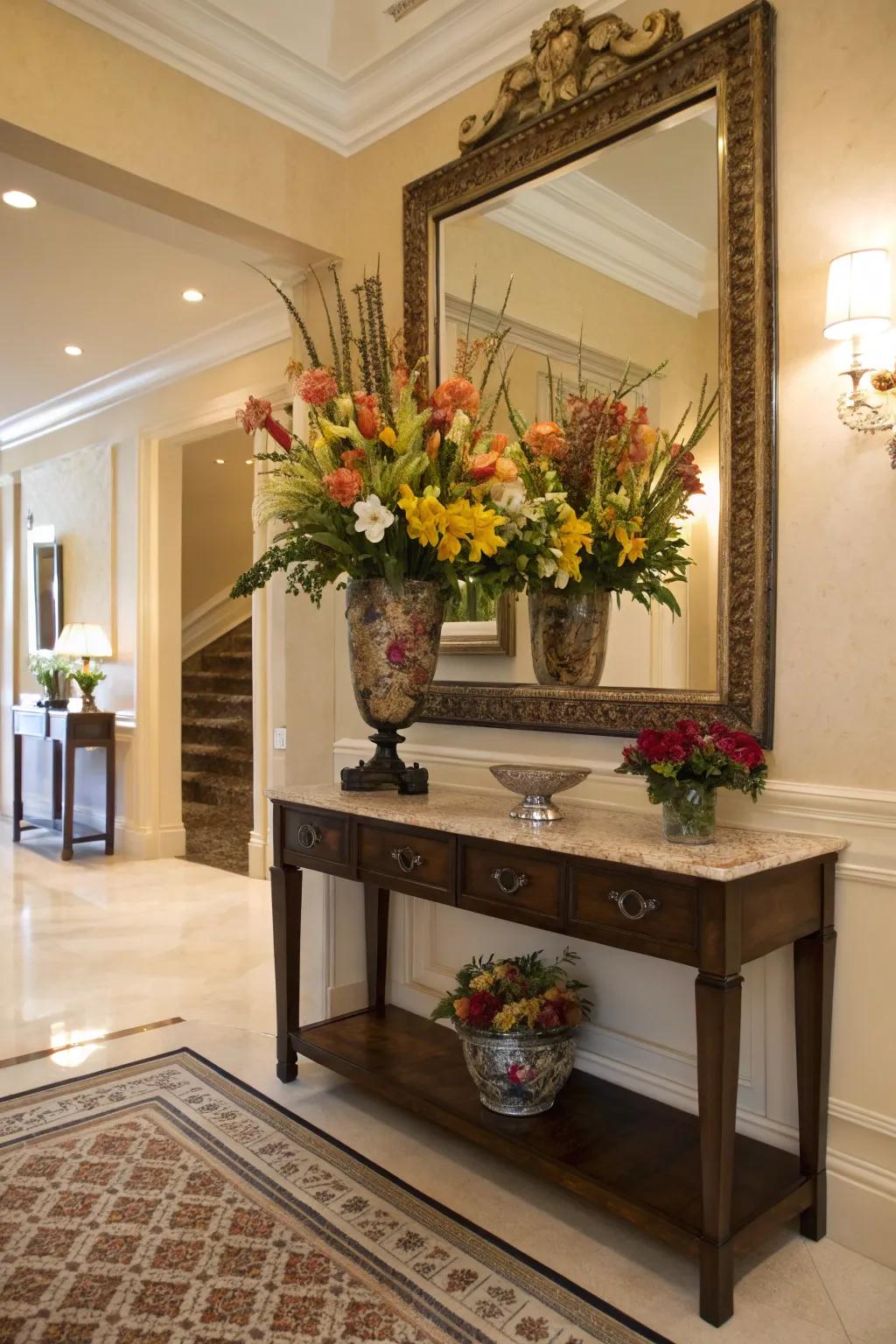 A welcoming entryway enhanced by a vase and mirror pairing.