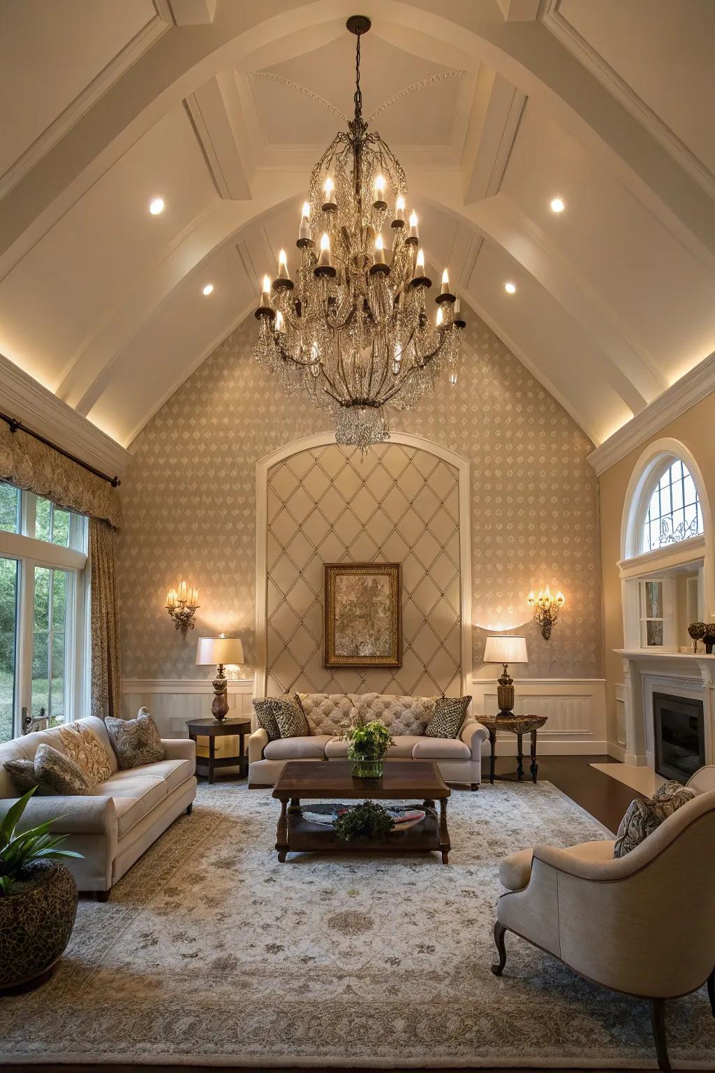 Living room with vaulted ceiling and chandelier accentuating the wall