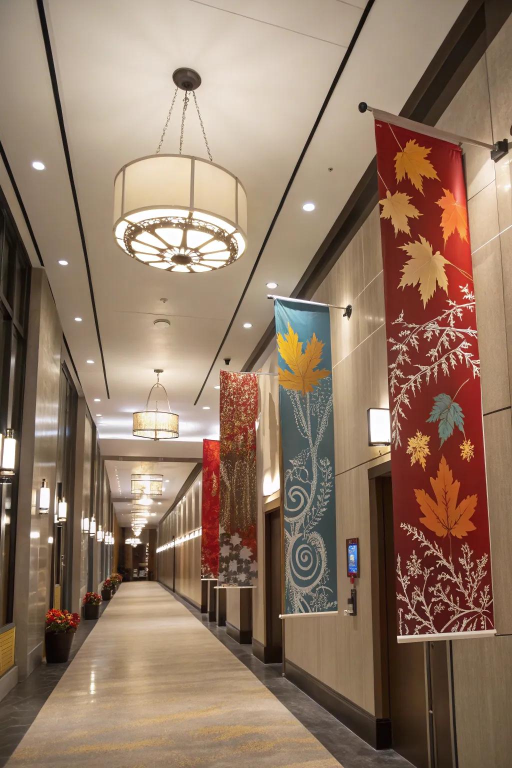 Seasonal vertical banners bring a dynamic touch to a hallway.