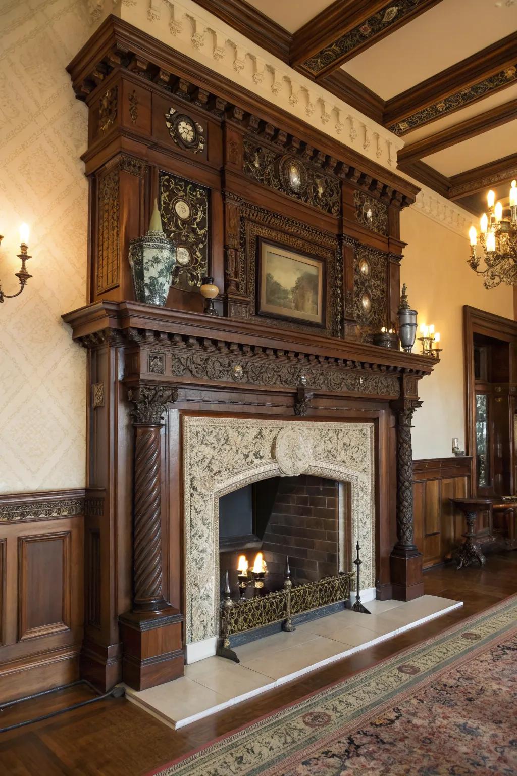 A decorative fireplace enhances the room's historical charm.