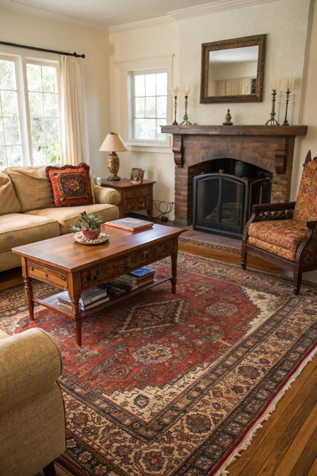 A warm living room featuring a Persian rug and vintage furniture.