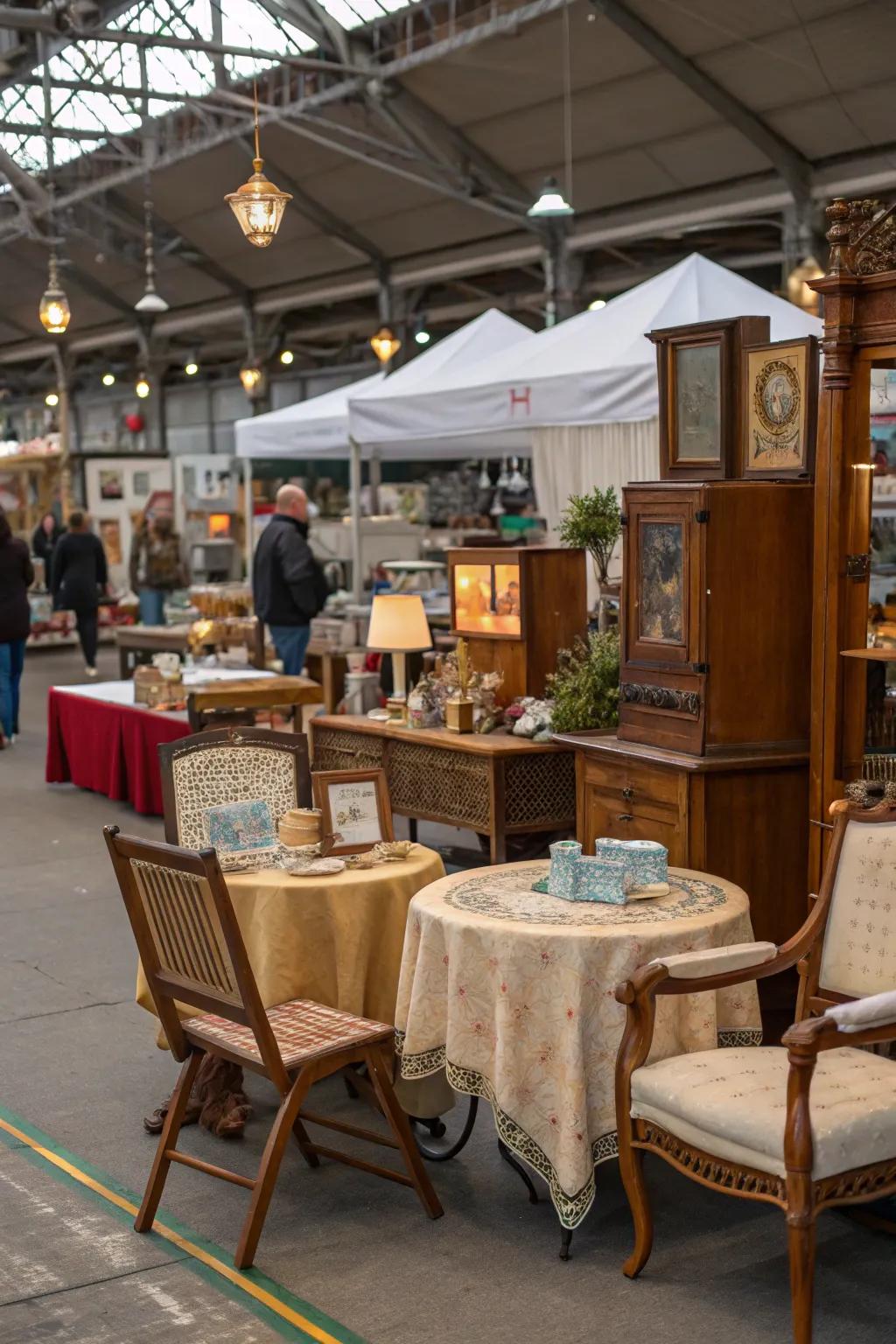 Incorporating vintage furniture into market booth designs.