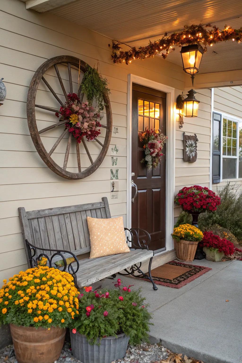 A wagon wheel adds a welcoming touch to this charming entryway.