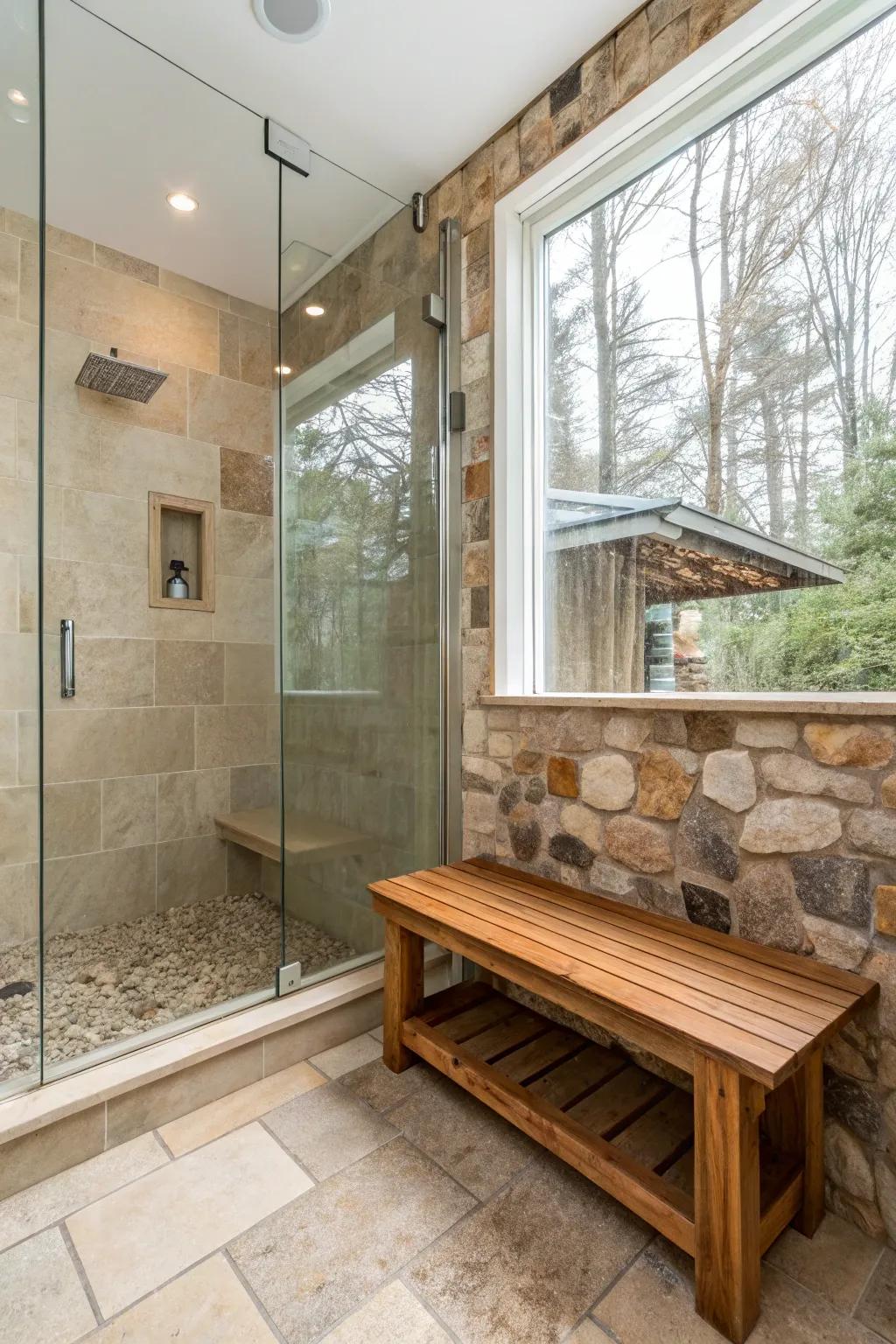 A rustic wooden bench adds natural charm to the walk-in shower, blending beautifully with stone tiles.