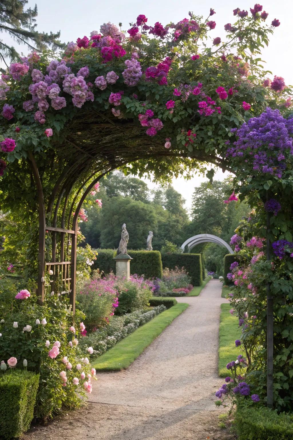 Flowering arches add vibrant color and fragrance to your garden path.