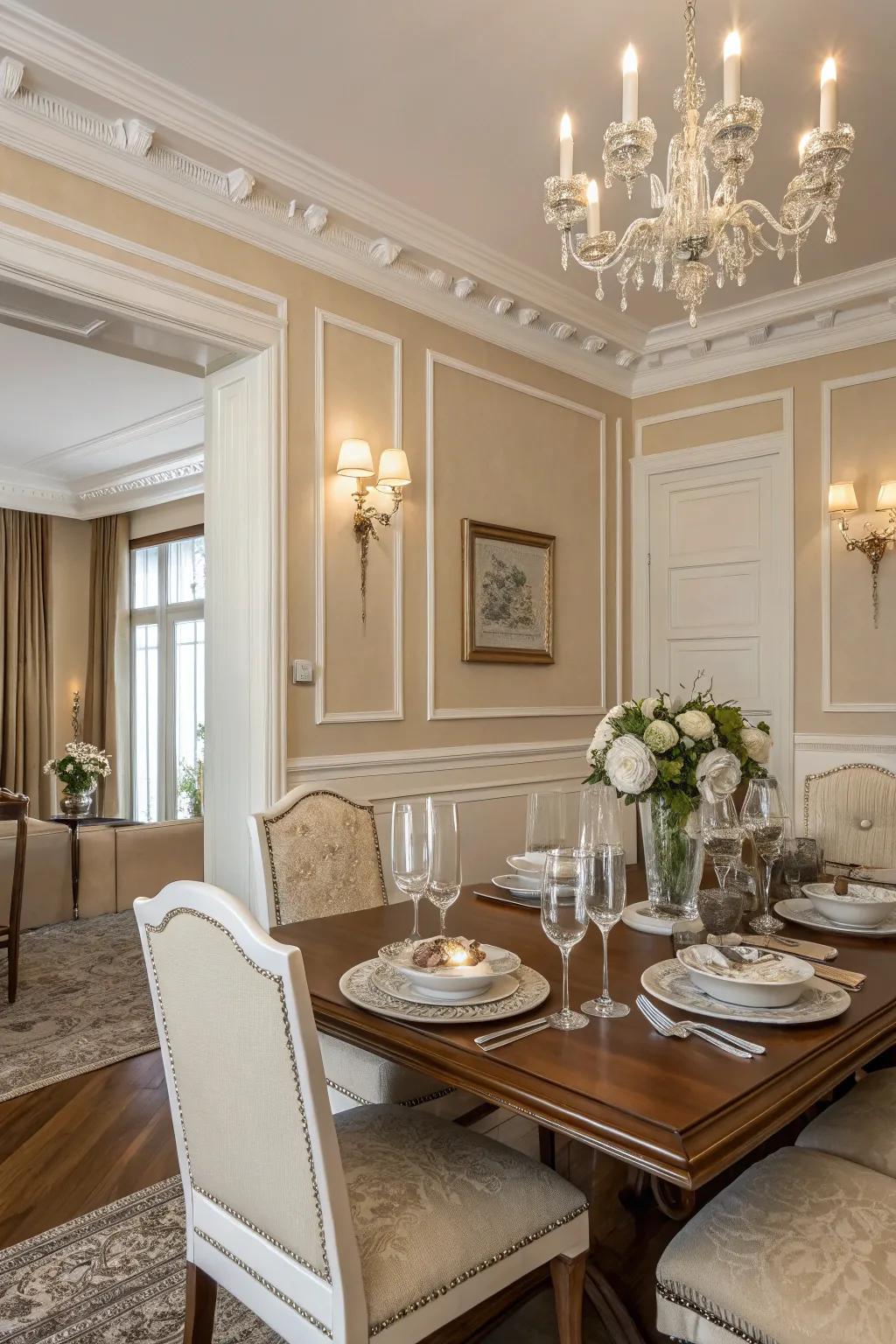 Timeless elegance with beige walls and white trim.