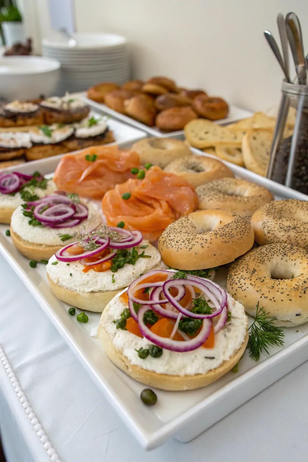 A creative bagel station with a variety of spreads and toppings for wedding guests.