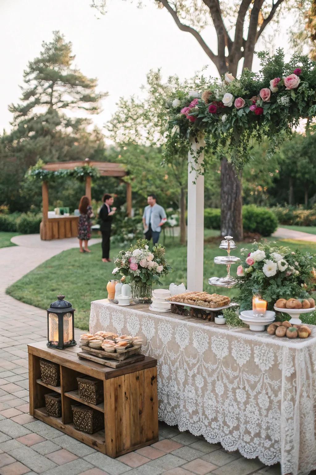 A wedding coffee bar set in a picturesque garden.