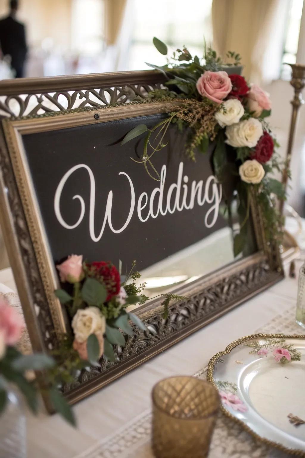 A decorative wedding sign written on a vintage mirror, adding a personal touch to the decor.