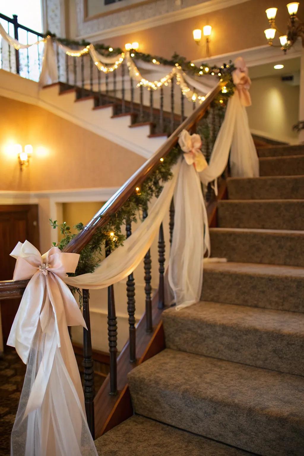 Silk ribbons add a soft elegance to this beautifully decorated staircase.