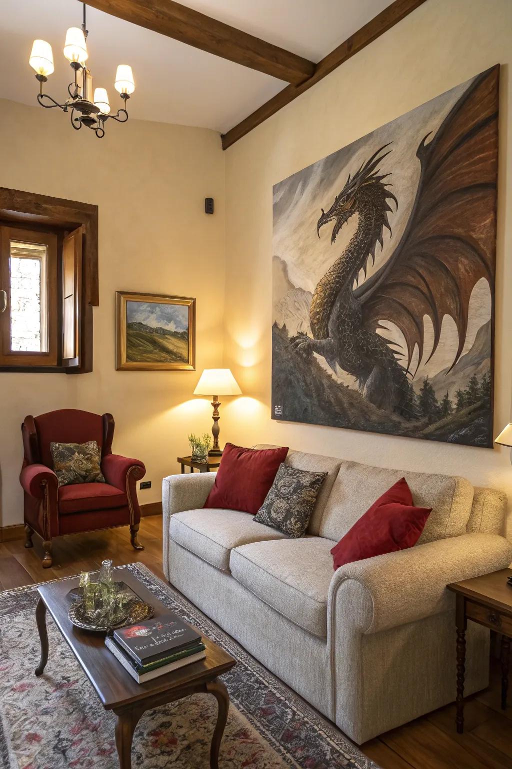 A dragon painting that serves as a striking focal point in a living room.