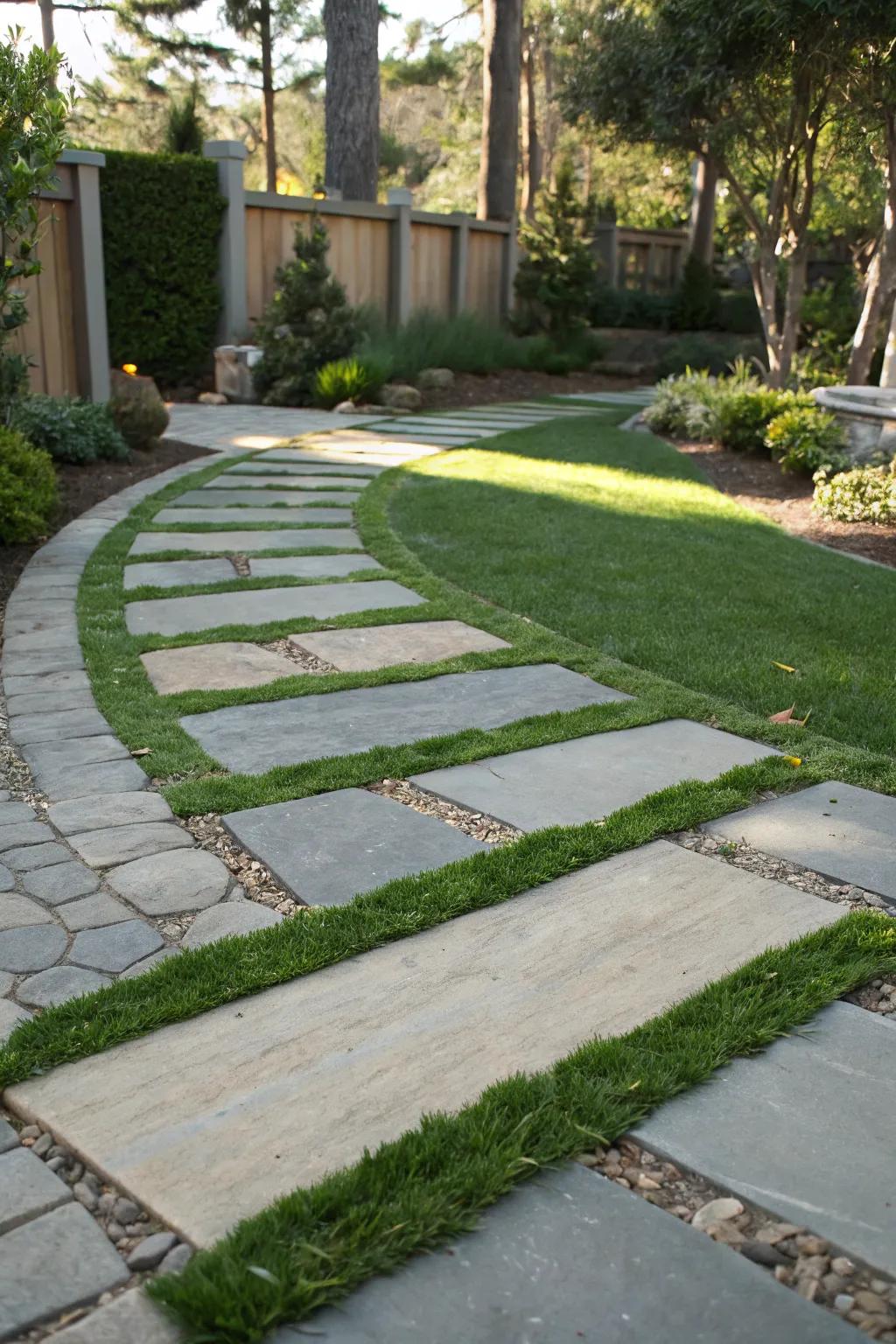 Artificial grass between flagstones for a crisp, low-maintenance pathway.