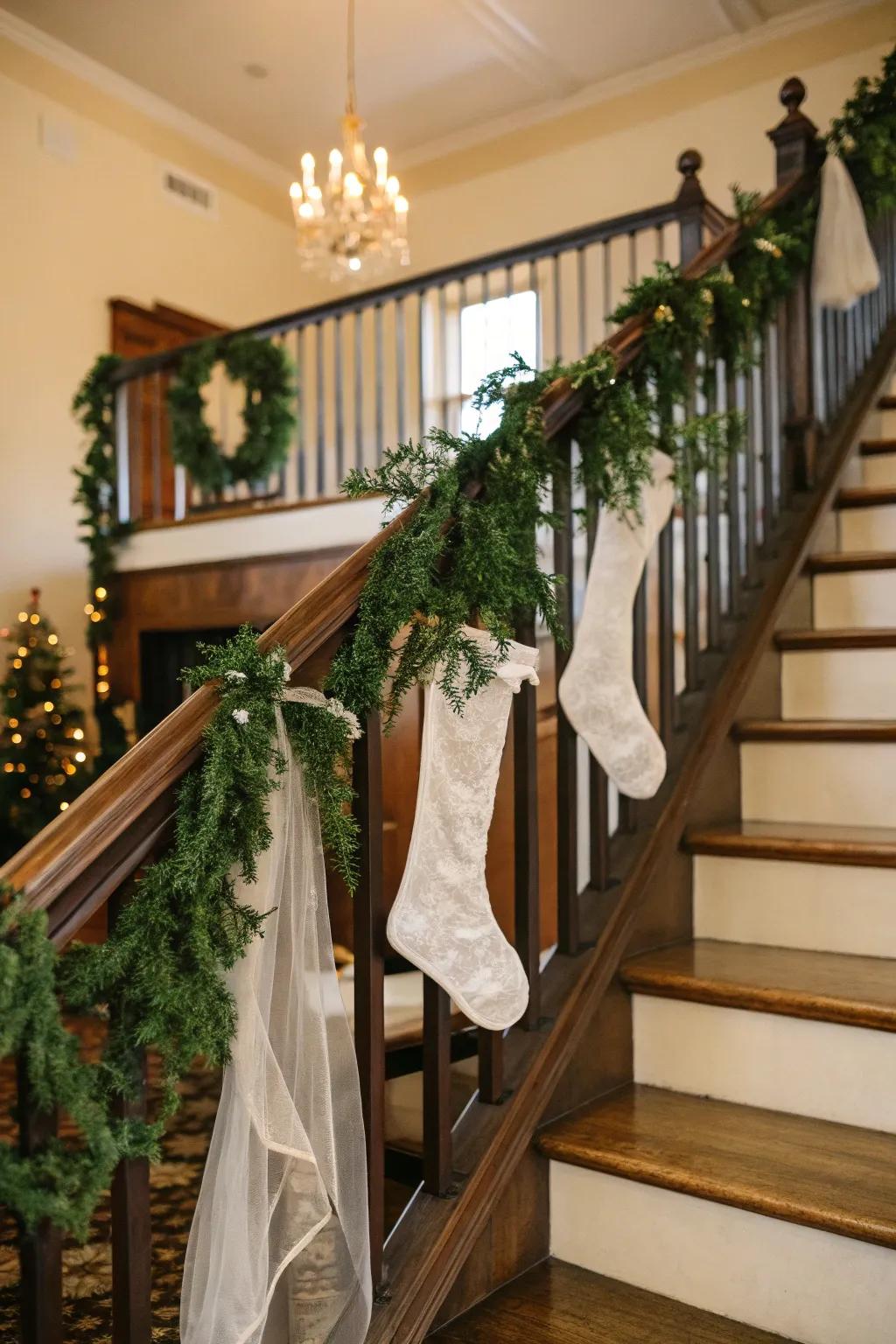 Stair railings offer a grand way to display stockings.