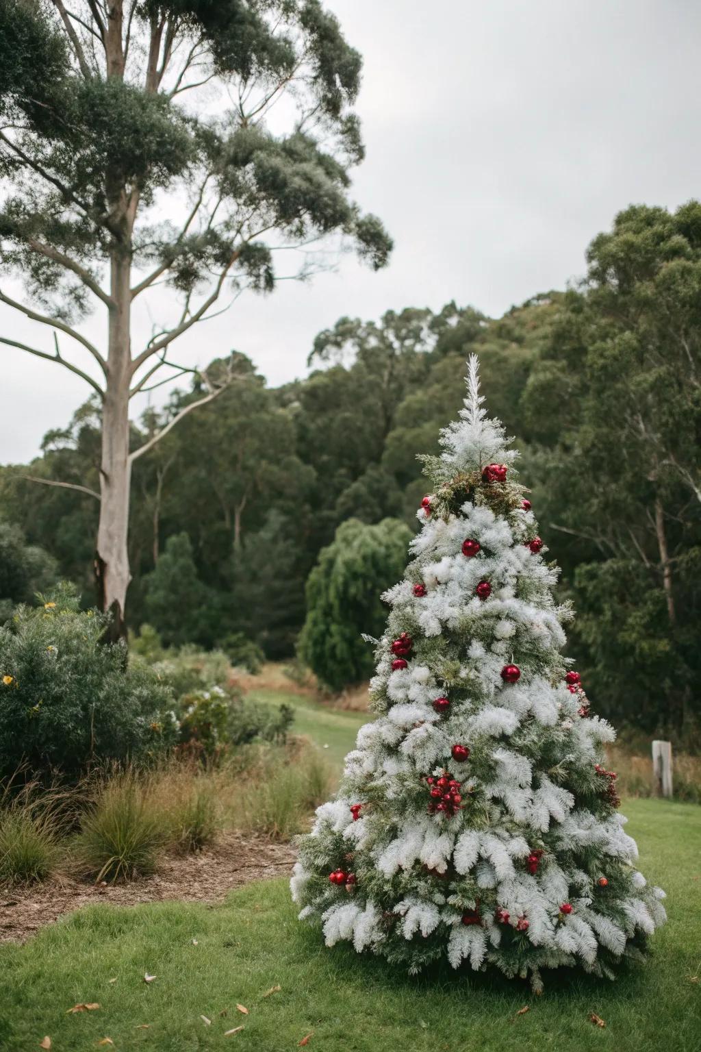 Nature-inspired white Christmas tree with eucalyptus and holly.