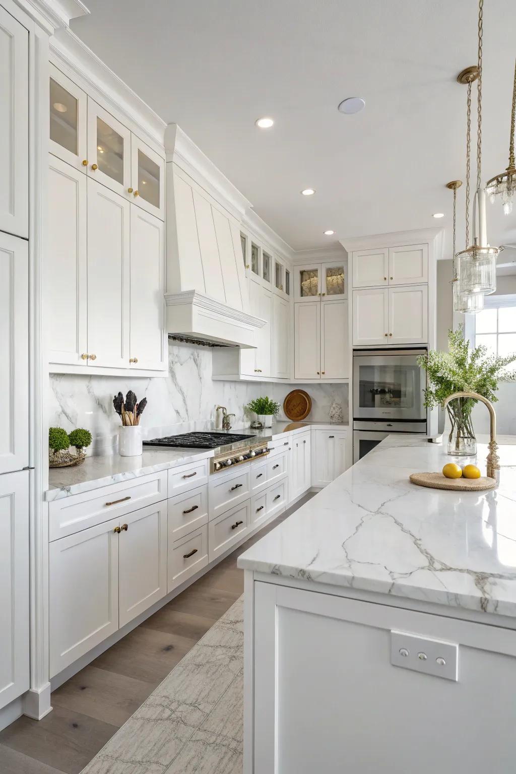 Marble countertops add elegance and brightness to the kitchen.