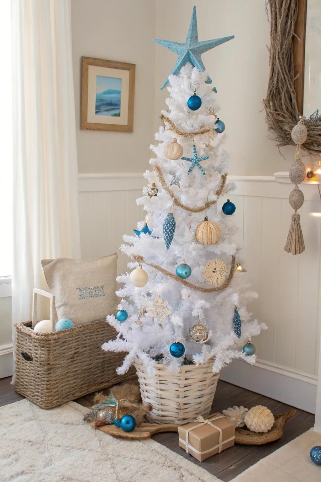A coastal-themed white pencil tree with seashells and blue accents.