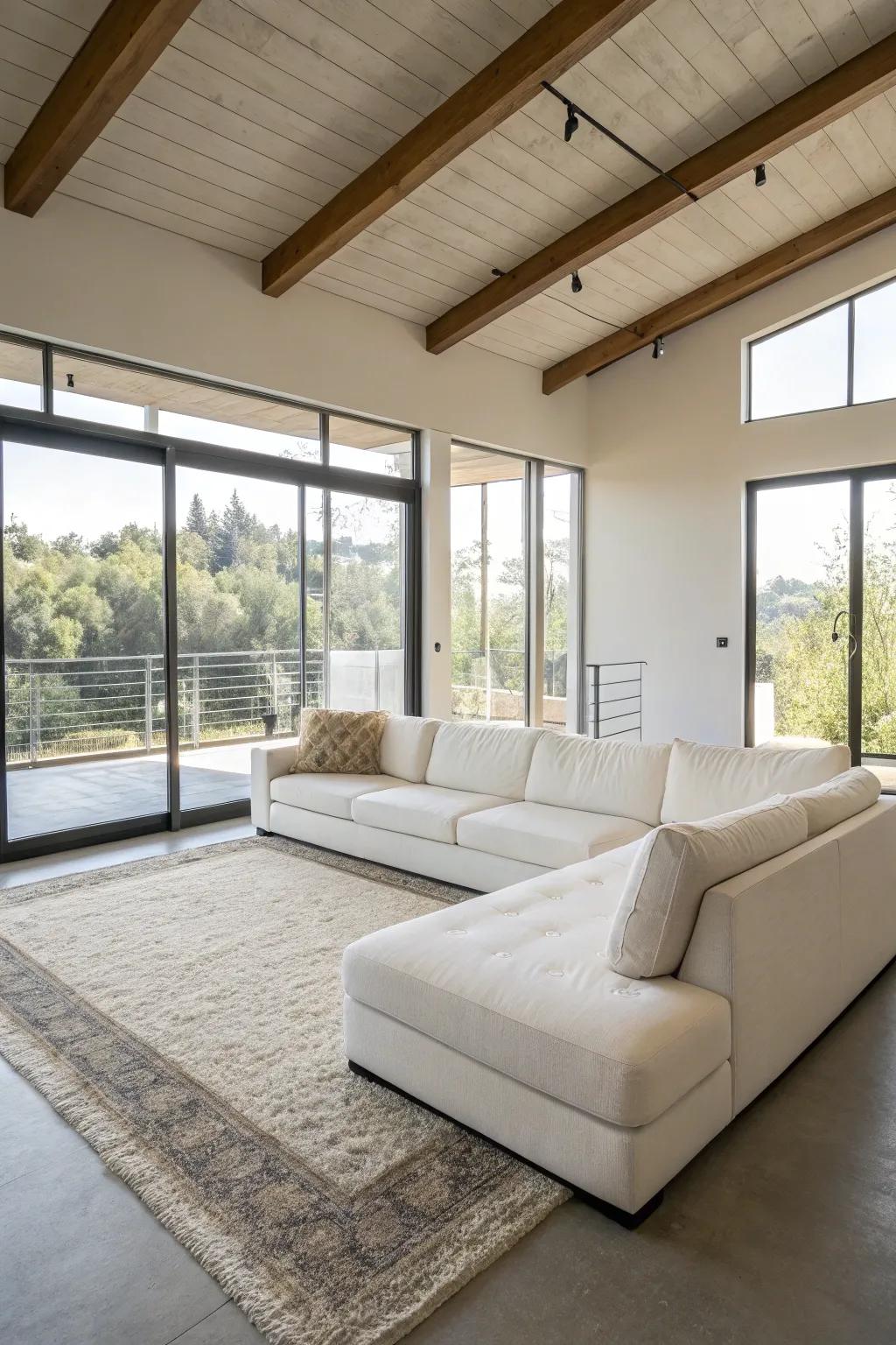 An open and airy layout with a central white sectional.