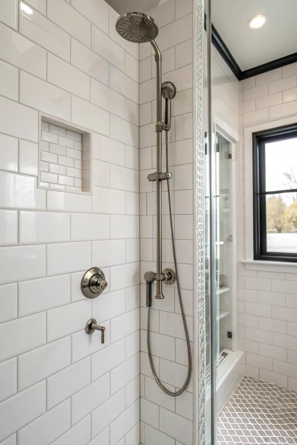 A monochromatic white shower accented with metallic fixtures.