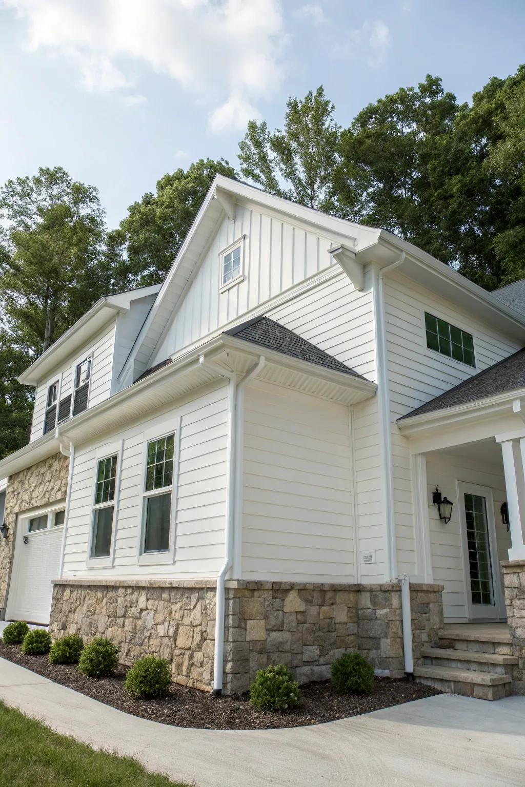 A rustic-modern house blending white vinyl siding with natural stone accents.