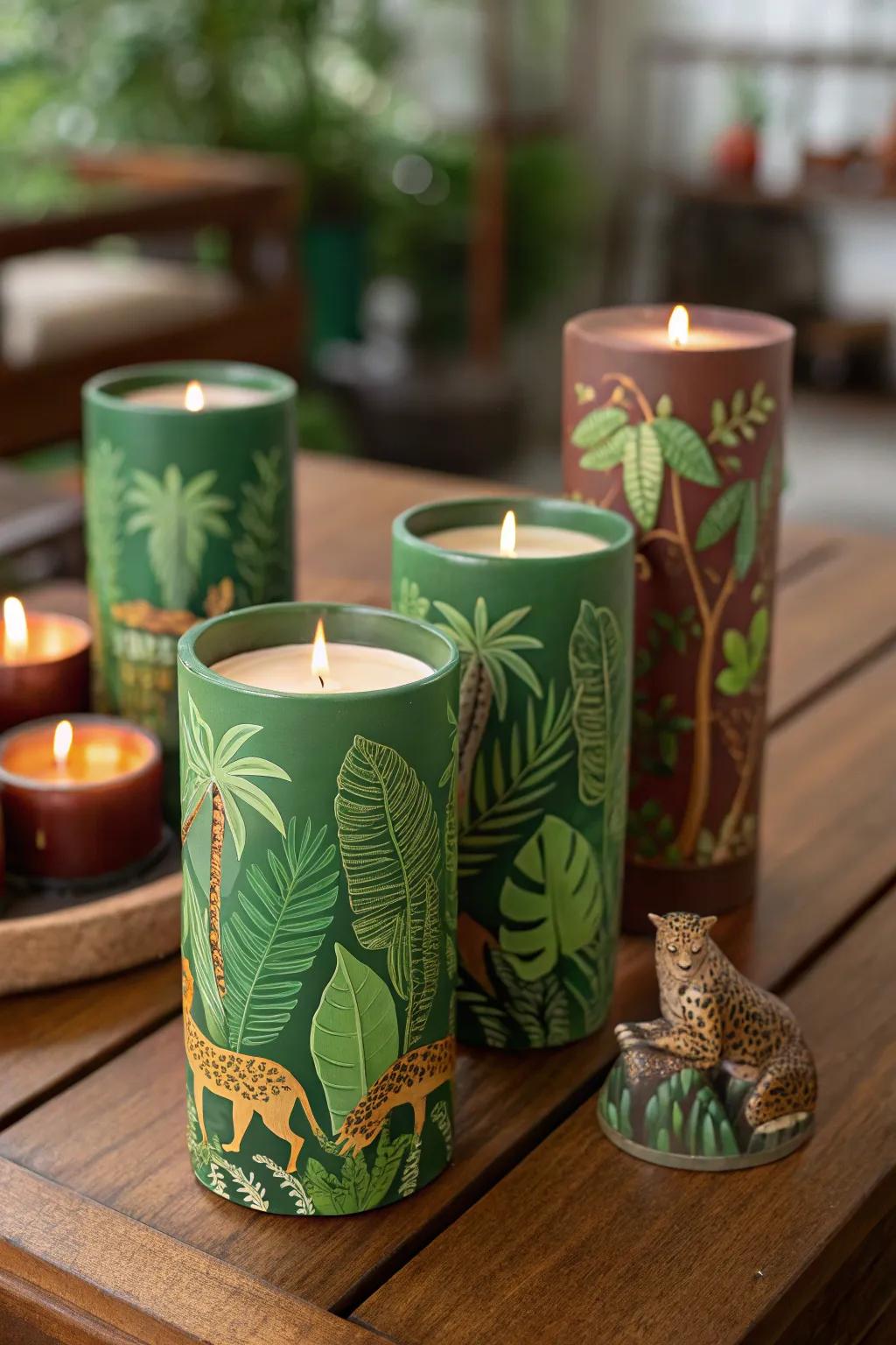 DIY jungle-themed candles add a warm touch to party favors.