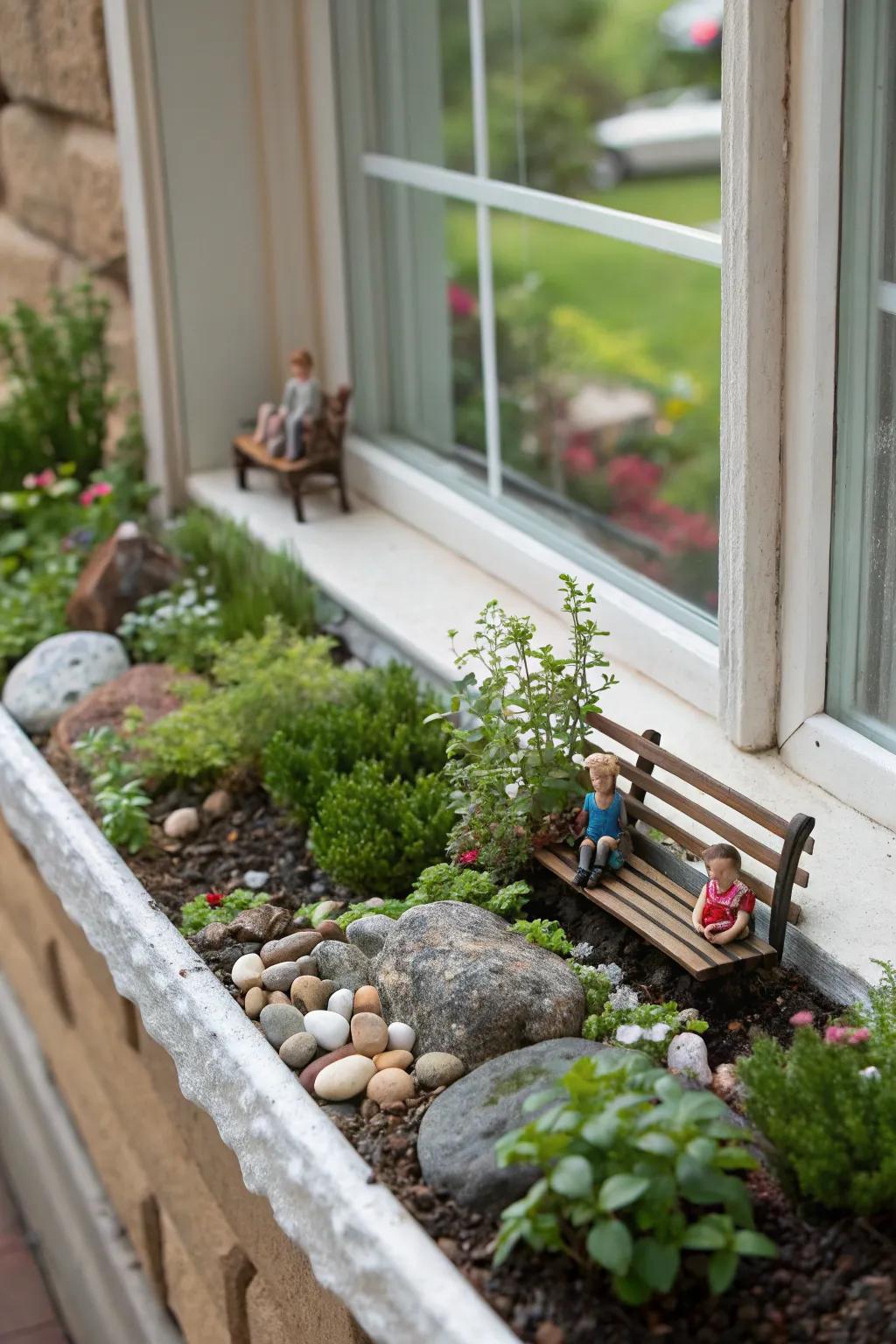 A whimsical miniature garden scene in a window box