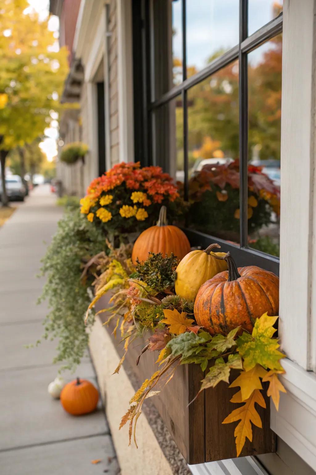 A window box adorned with pumpkins and gourds for fall.