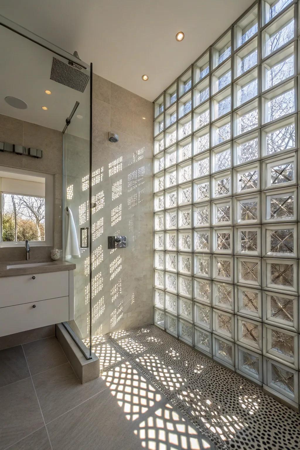 Glass blocks create a textured wall that allows light while ensuring privacy.