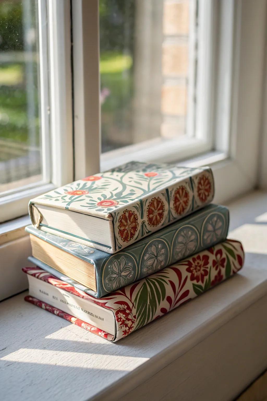 Decorative books stacked on a window sill, adding a personal touch.