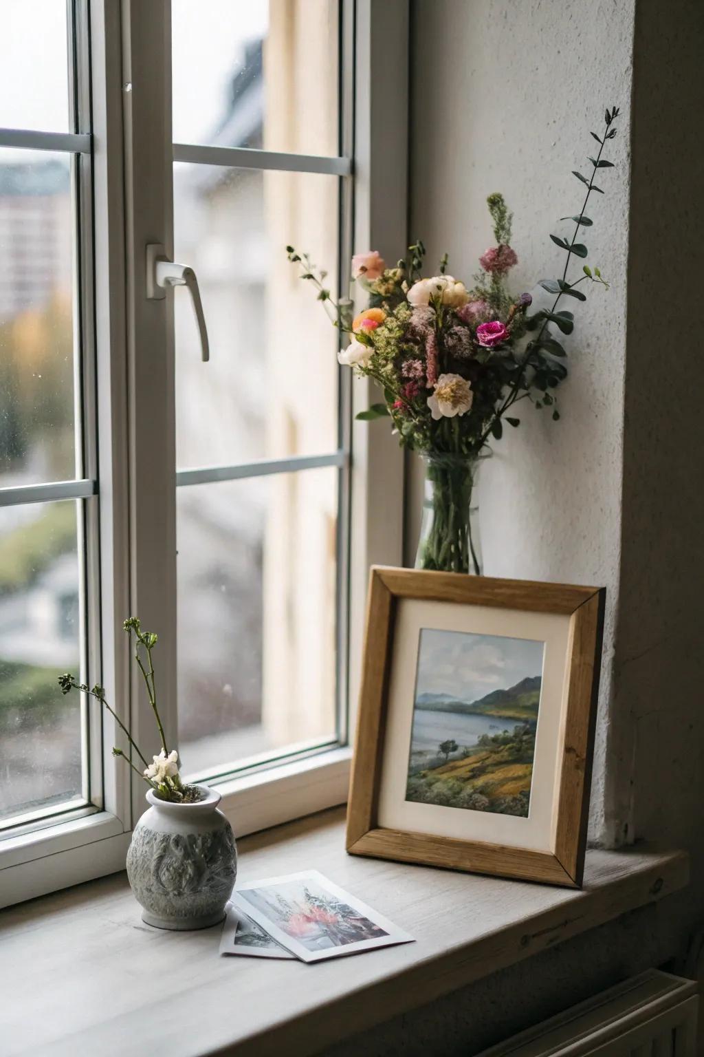 Art on the windowsill adds a personal and creative flair.