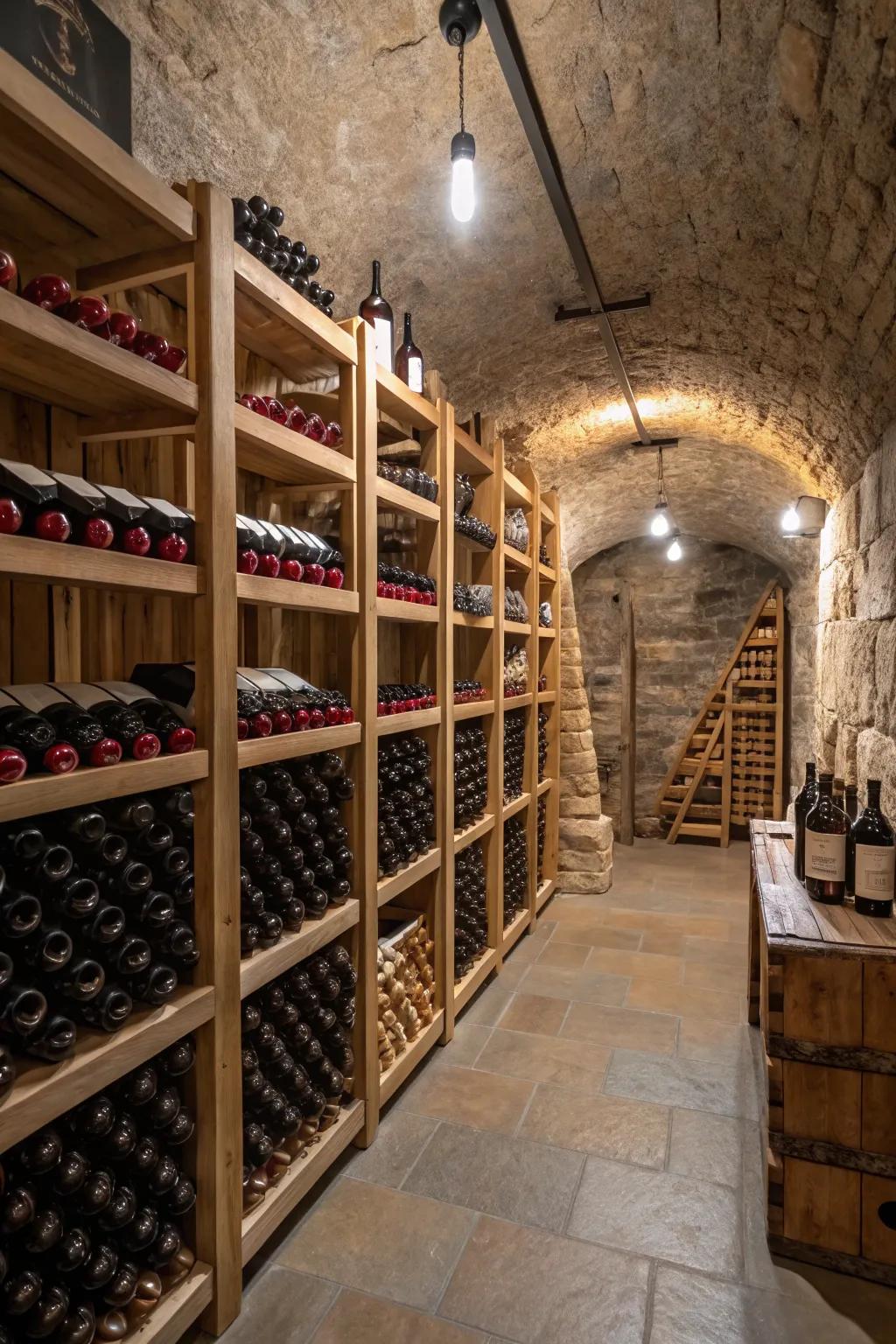 Wine cellar maximizing space with multi-level storage solutions.