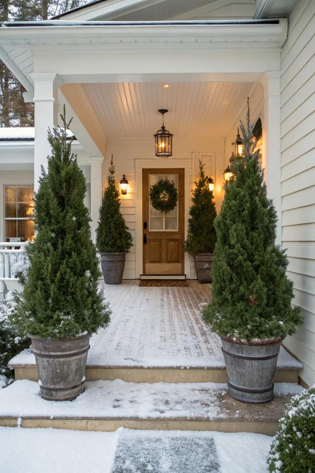 Potted evergreen trees add lush greenery to this winter porch.