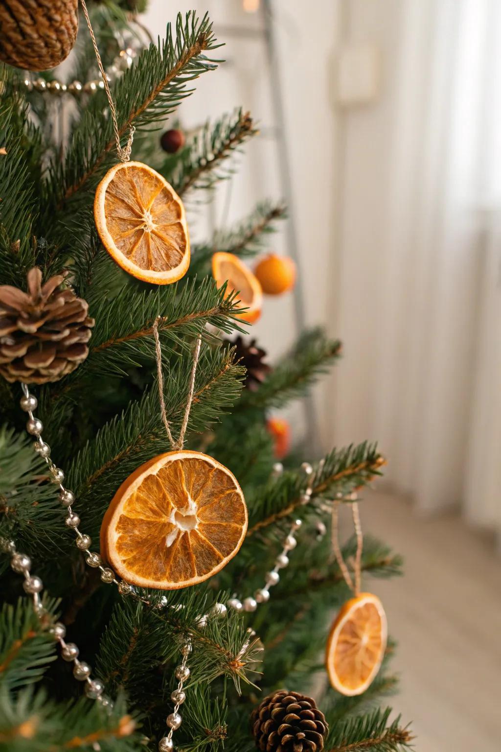 Dried orange slice ornaments bring natural vibrancy to a holiday tree.