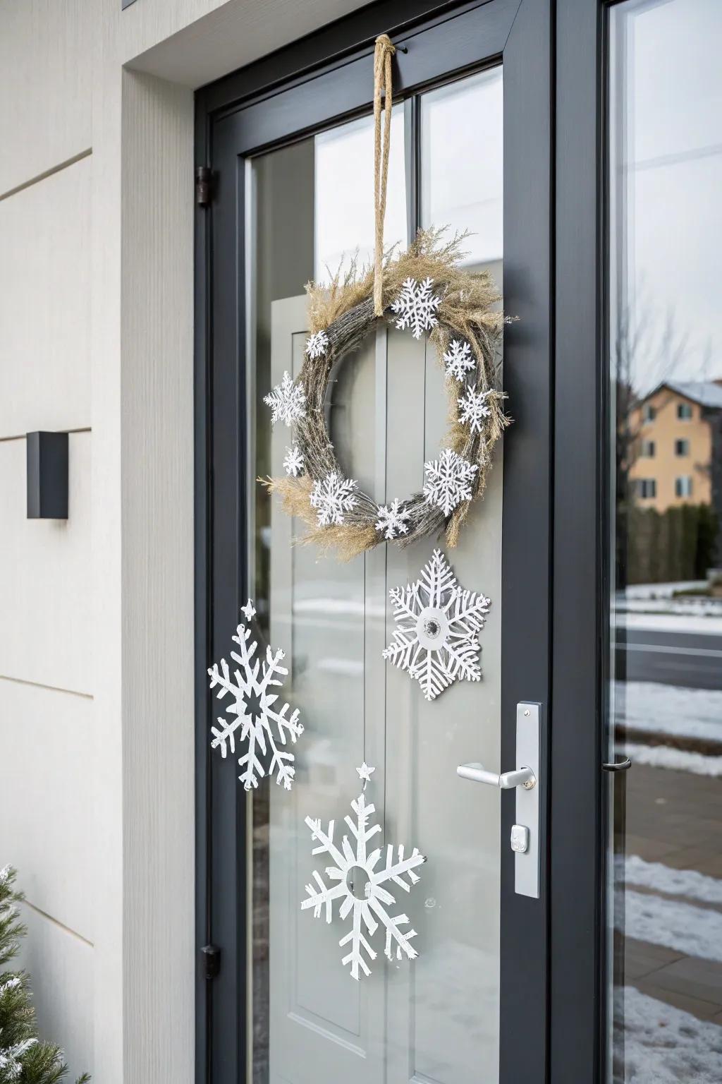 A minimalist snowflake wreath adds a chic touch to winter decor.