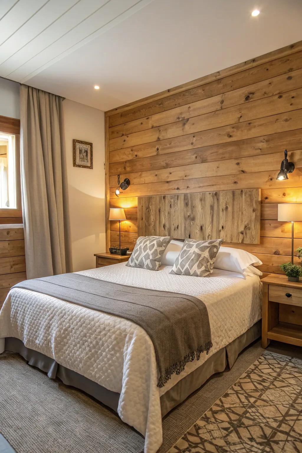 A wood accent wall doubling as a headboard in a serene bedroom.