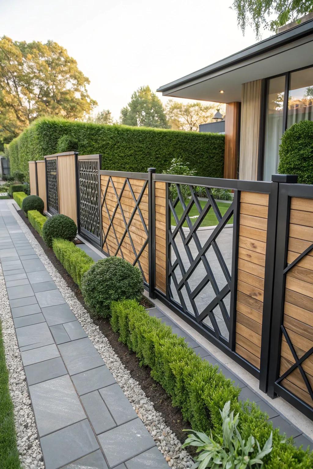 A fence with striking geometric patterns using wood and metal.