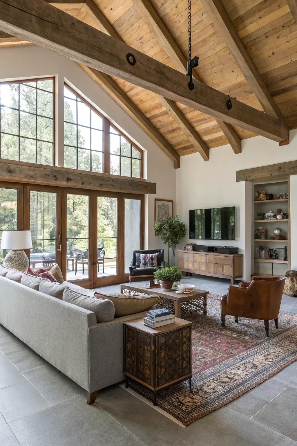 Eclectic living room with a blend of modern and rustic elements.