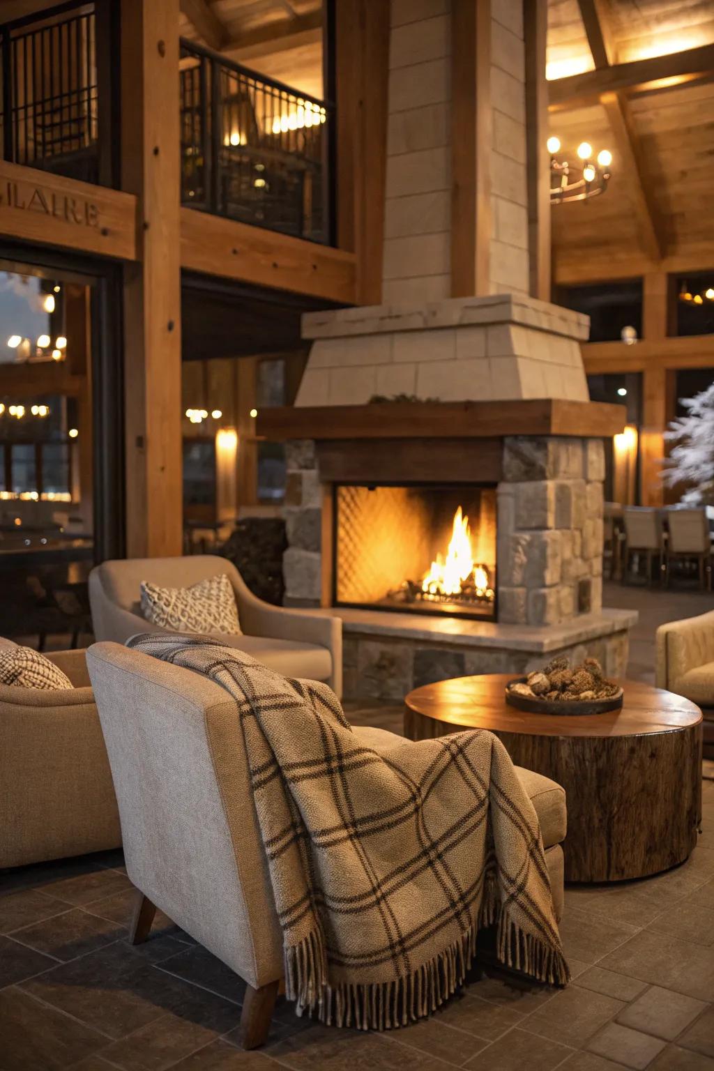 A cozy seating nook for relaxation by the fire.