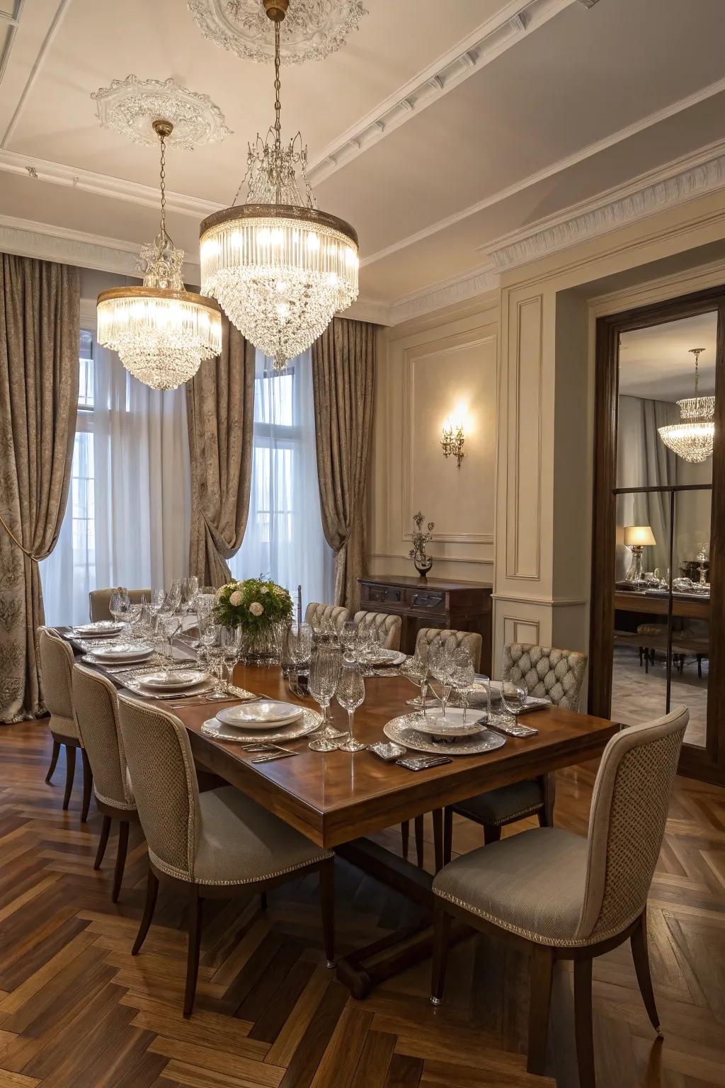 An elegant dining room highlighting the dramatic double herringbone wood floor.