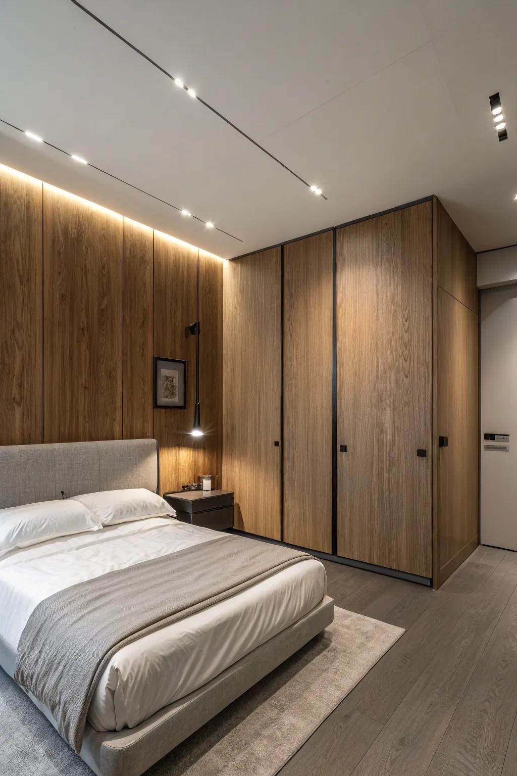 A minimalist bedroom with neutral wood paneling.